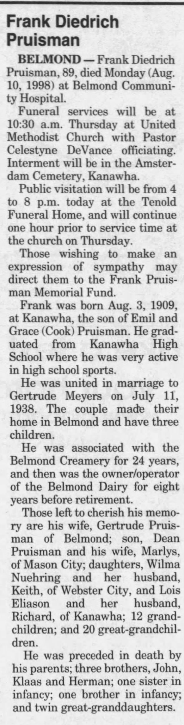 Obituary for Frank Diedrich Pruisman, 1909-1998 (Aged 89)